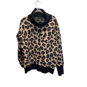 Cynthia Rowley Leopard Print Turtleneck Sweater Womens L Acrylic Wool Blend Blac